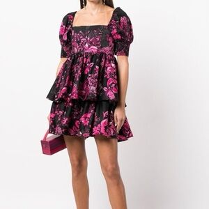 Alice + Olivia Emmalou Puff-Sleeve Tiered Mini Dress